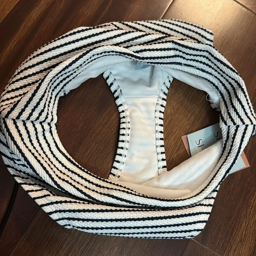Shade & Shore Striped Black and White High-Waist Bikini Bottom Size Small